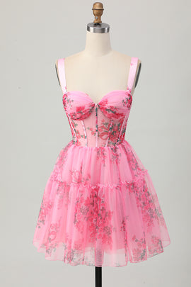 Pink Floral Corset A Line Short Homecoming Dress with Ruffles