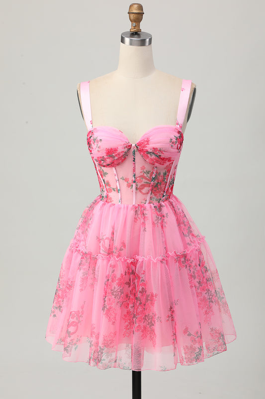 Pink Floral Corset A Line Short Homecoming Dress with Ruffles