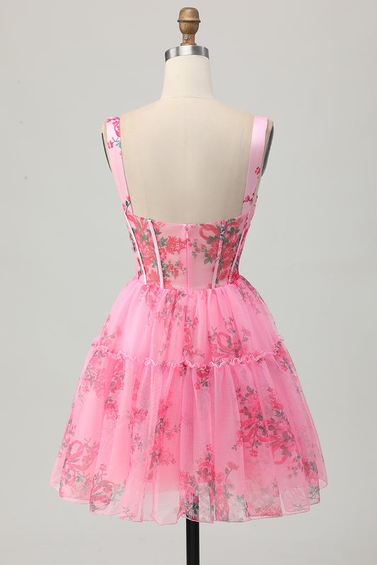 Pink Floral Corset A Line Short Homecoming Dress with Ruffles