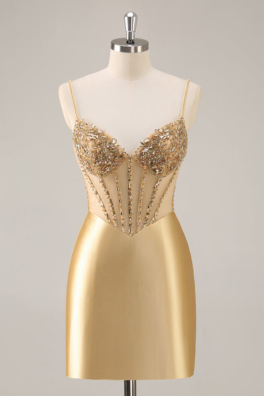 Sparkly Golden Corset Satin Tight Short Homecoming Dress with Rhinestones