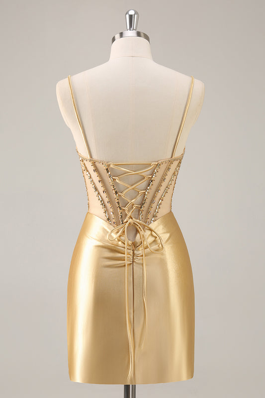 Sparkly Golden Corset Satin Tight Short Homecoming Dress with Rhinestones