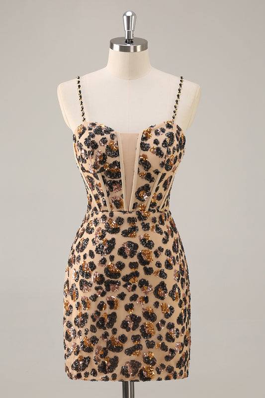 Sparkly Khaki Leopard Sequin Corset Tight Short Homecoming Dress