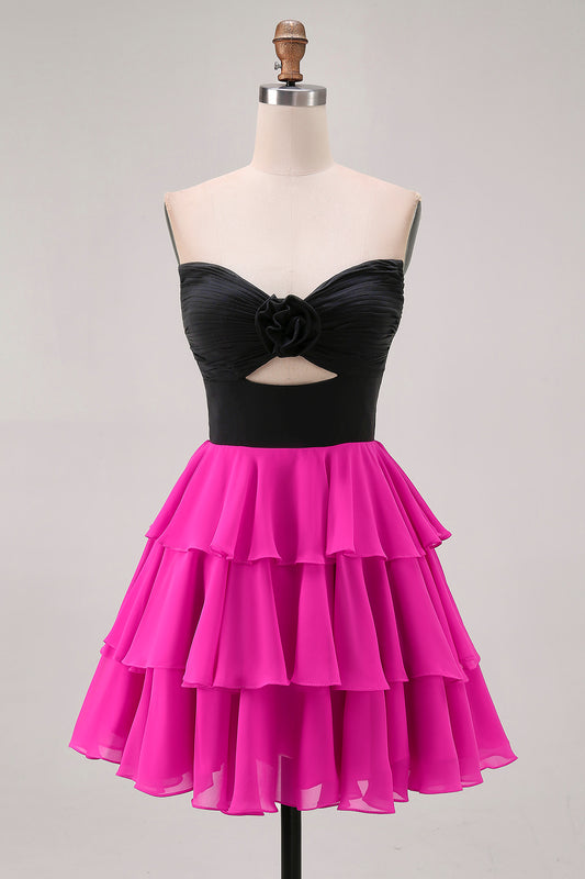 Black and Fuchsia Floral Keyhole Short Homecoming Dress with Ruffles