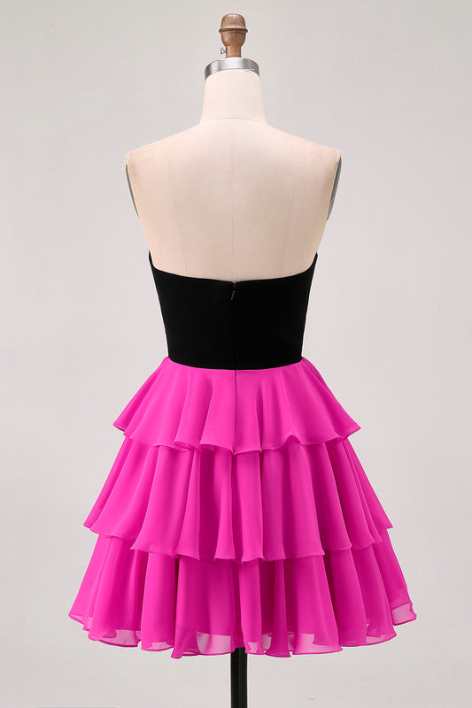 Black and Fuchsia Floral Keyhole Short Homecoming Dress with Ruffles