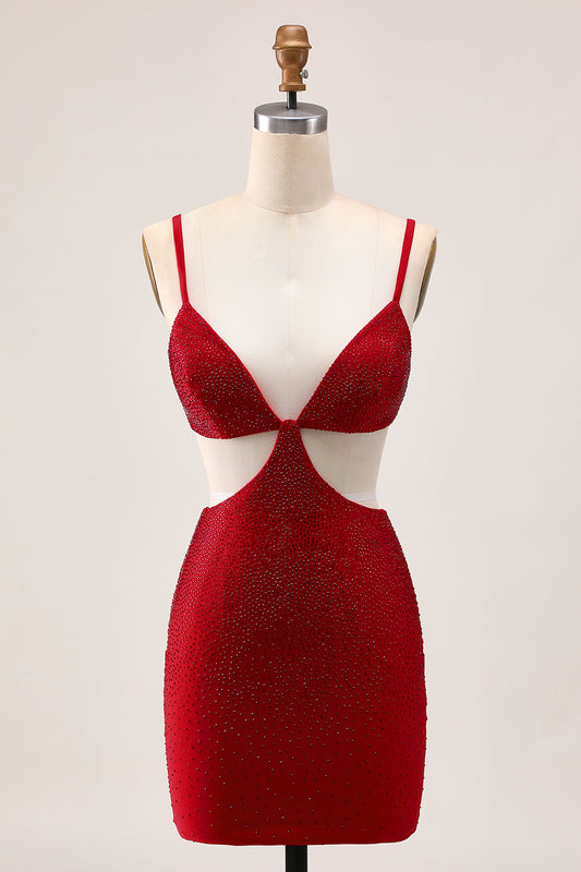 Sparkly Red Tight Cut Out Short Homecoming Dress with Beading