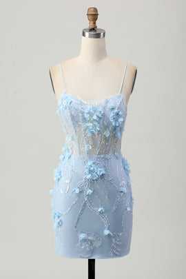 Sparkly Blue Tight Floral Corset Short Homecoming Dress with Sequins