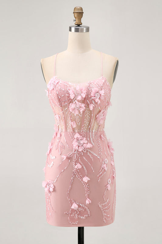 Sparkly Blush Floral Tight Short Corset Homecoming Dress with Sequins