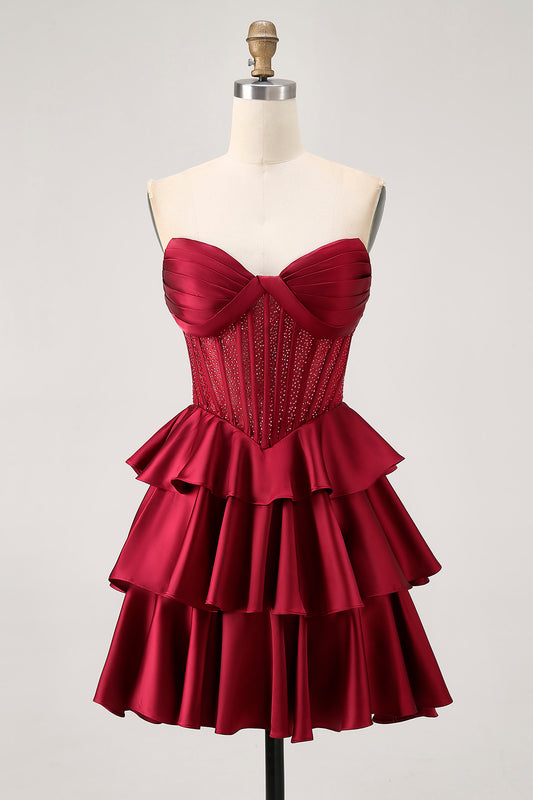 Sparkly Burgundy Strapless Corset Short Homecoming Dress with Beading