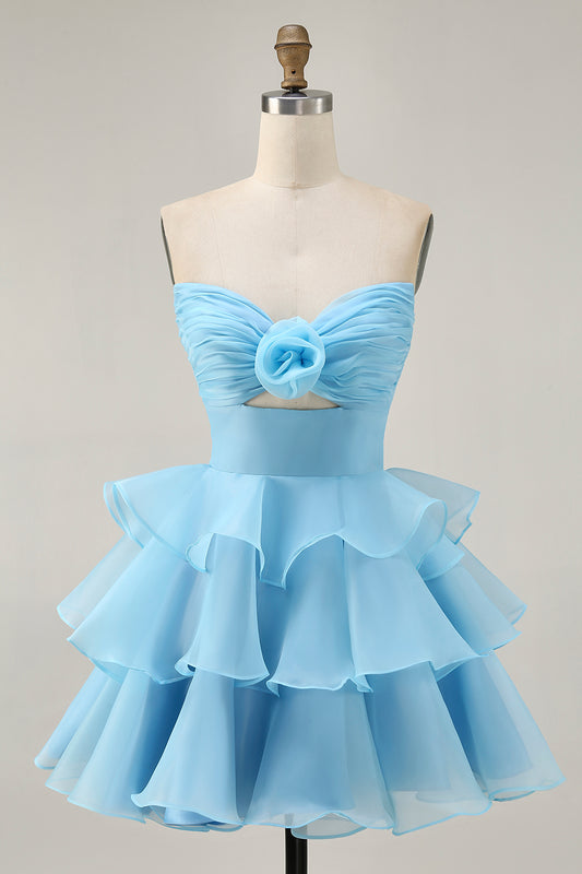Blue Floral Strapless Ruched Short Homecoming Dress with Ruffles