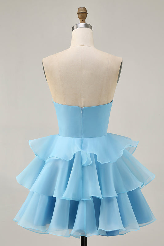Blue Floral Strapless Ruched Short Homecoming Dress with Ruffles