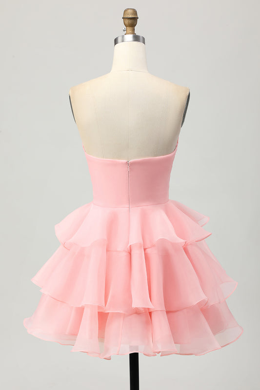 Blush Strapless Floral Ruched Short Homecoming Dress with Ruffles