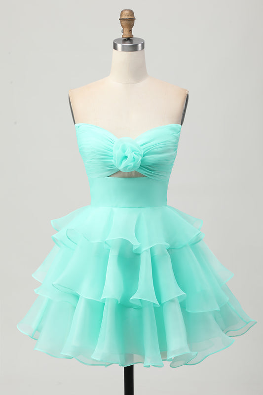 Green Floral Strapless Ruched Short Homecoming Dress with Ruffles