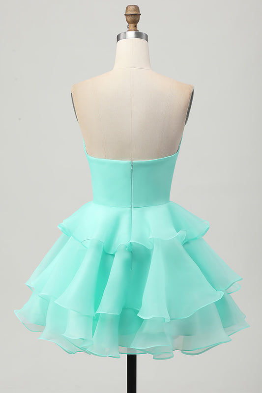 Green Floral Strapless Ruched Short Homecoming Dress with Ruffles