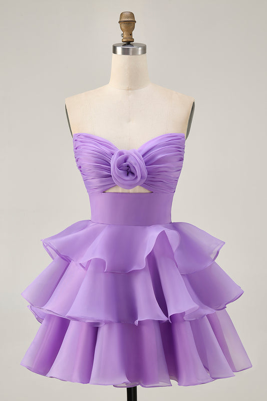 Purple Floral Strapless Short Tiered Homecoming Dress with Ruffles