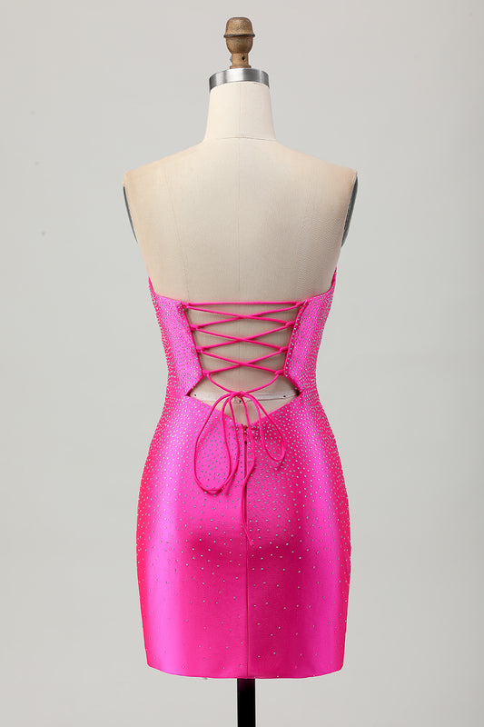Sparkly Fuchsia Tight Sweetheart Short Beaded Homecoming Dress with Keyholes