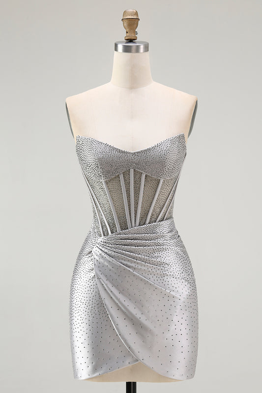 Sparkly Grey Silver Corset Strapless Short Homecoming Dress with Beading