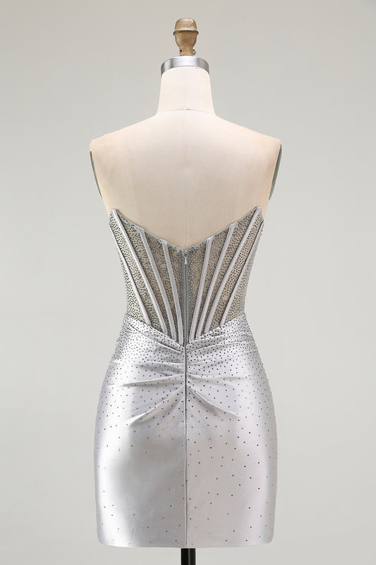 Sparkly Grey Silver Corset Strapless Short Homecoming Dress with Beading