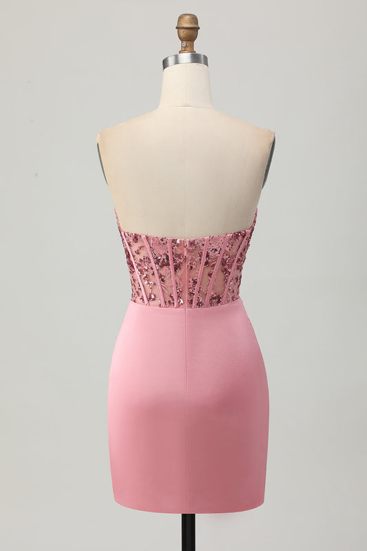Sparkly Blush Tight Strapless Short Corset Homecoming Dress with Sequins