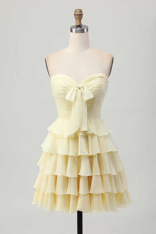 Light Yellow Sweetheart Short Homecoming Dress with Bow Chiffon Ruched A Line Tiered Ruched Cocktail Dress with Ruffles