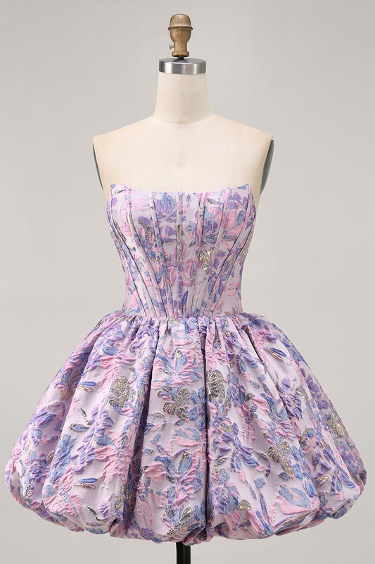 Purple Floral Strapless Corset A Line Short Homecoming Dress