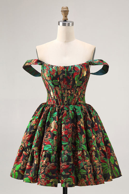 Dark Green Floral Removable Straps Short Corset Homecoming Dress