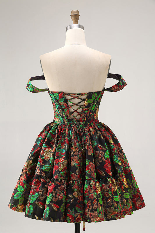 Dark Green Floral Removable Straps Short Corset Homecoming Dress