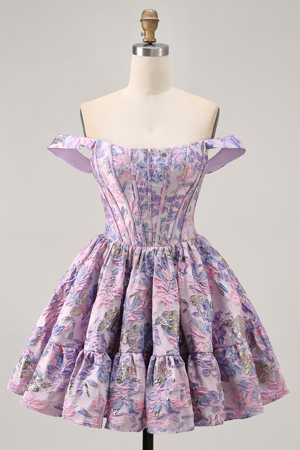 Purple Floral Off the Shoulder Corset Short Homecoming Dress