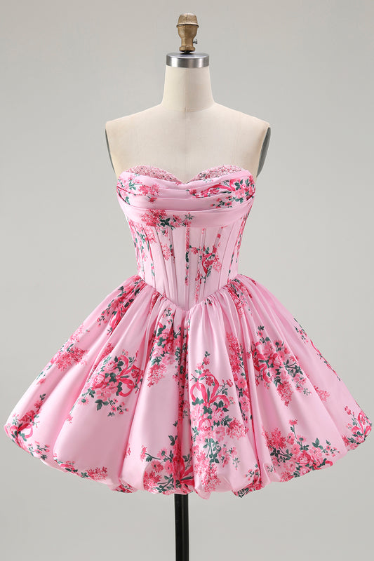 Pink Sweetheart Floral Corset Short Homecoming Dress