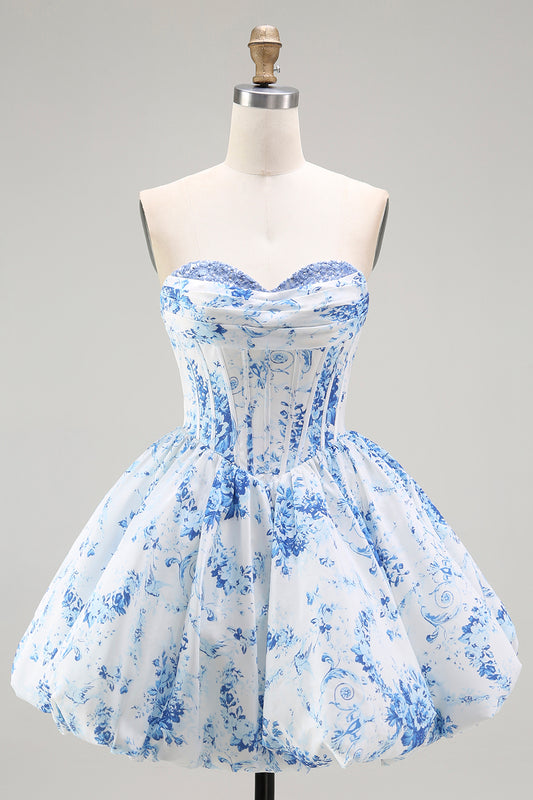 White Blue Floral Sweetheart Corset Short Homecoming Dress