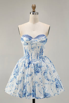 White Blue Floral Sweetheart Corset Short Homecoming Dress