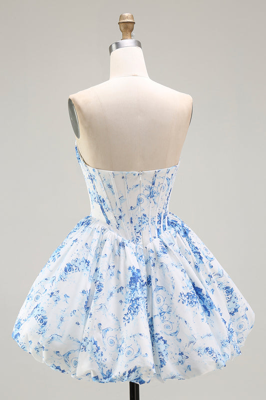 White Blue Floral Sweetheart Corset Short Homecoming Dress