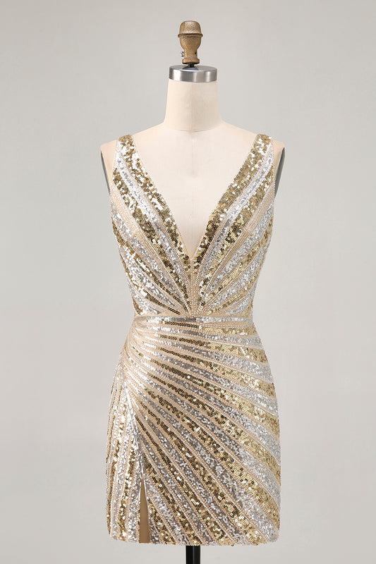 Sparkly Golden Beaded Short Homecoming Dress V-Neck Tight Backless Cocktail Dress