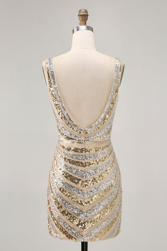 Sparkly Golden V-Neck Beaded Tight Short Homecoming Dress