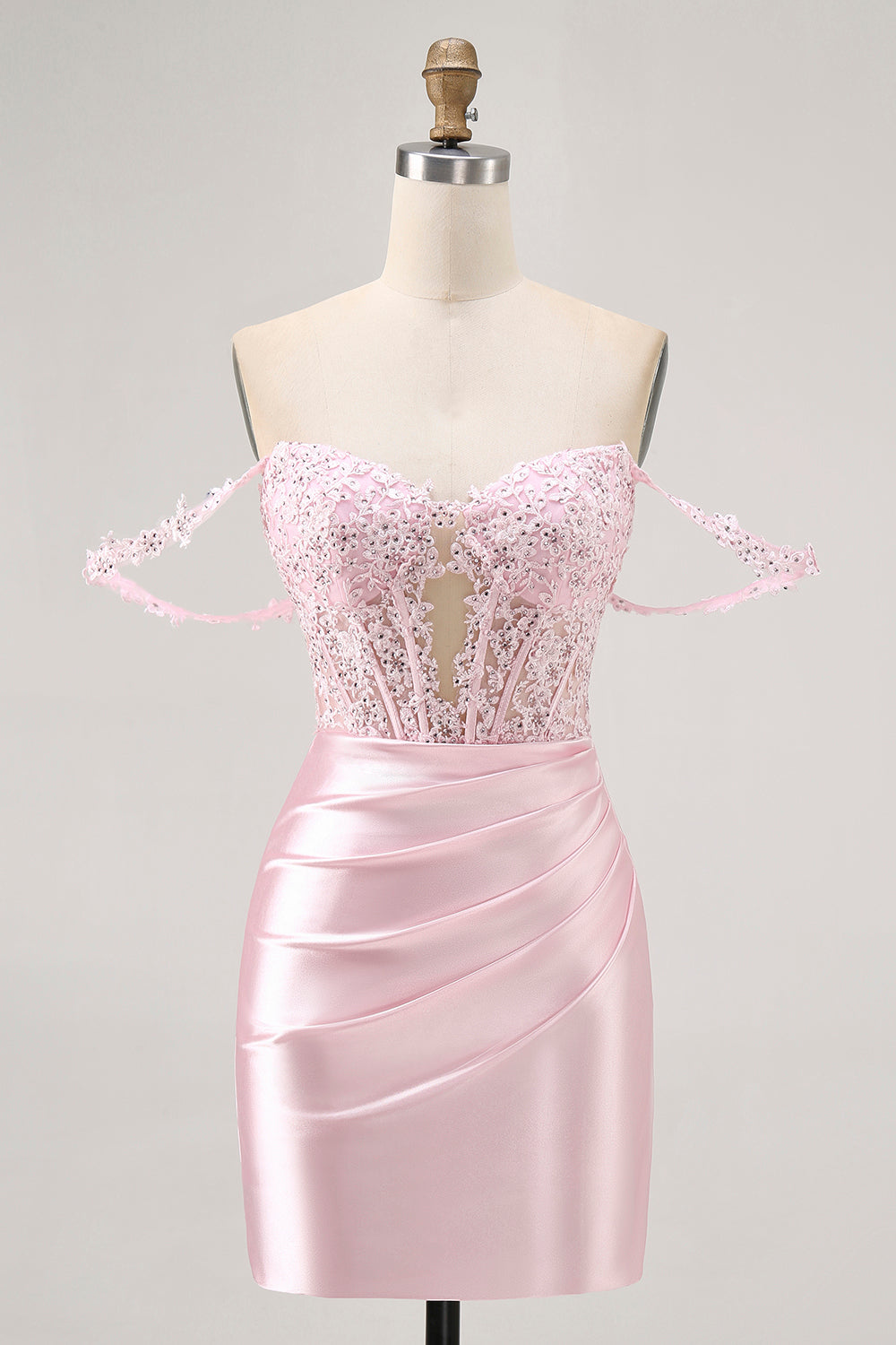 Zapakasa Women Sparkly Pink Corset Short Homecoming Dress with Lace Off