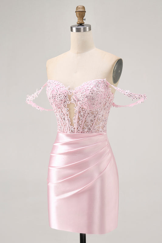 Sparkly Pink Corset Beaded Short Homecoming Dress with Lace