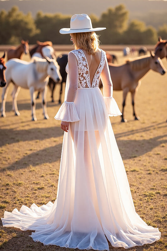 White Long Sleeves Sweep Train Boho Western Wedding Dress with Lace