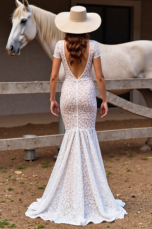 White Short Sleeves Boho Lace Sweep Train Western Wedding Dress with Slit