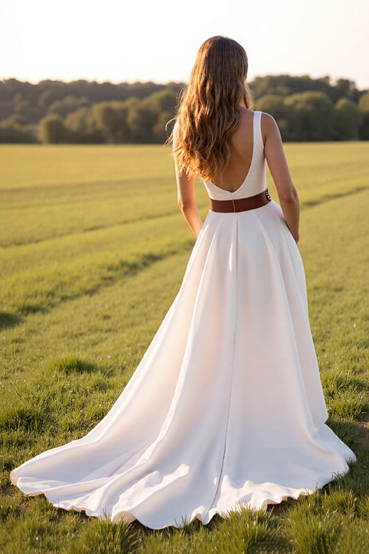 White V-Neck Sweep Train Boho Western Wedding Dress