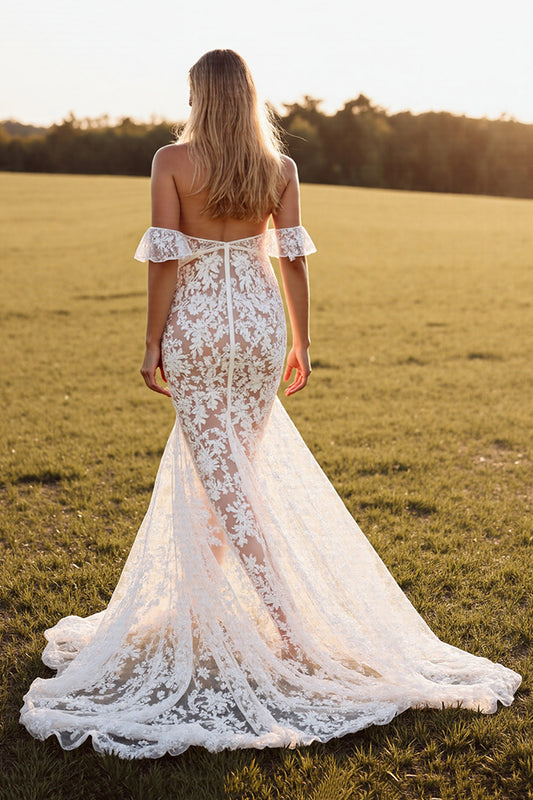 White Boho Lace Sweep Train Western Wedding Dress with Slit
