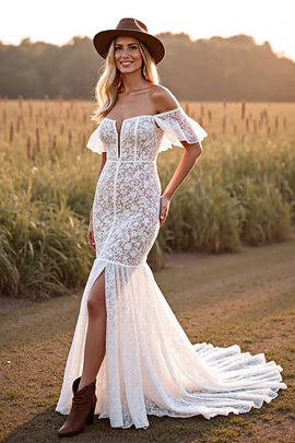 White Boho Lace Mermaid Sweep Train Western Wedding Dress with Slit