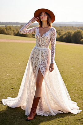 White Lace Corset Long Sleeves Boho Western Wedding Dress with Slit
