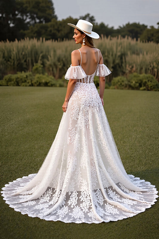 White Corset Lace Spaghetti Straps Boho Western Wedding Dress with Sleeves