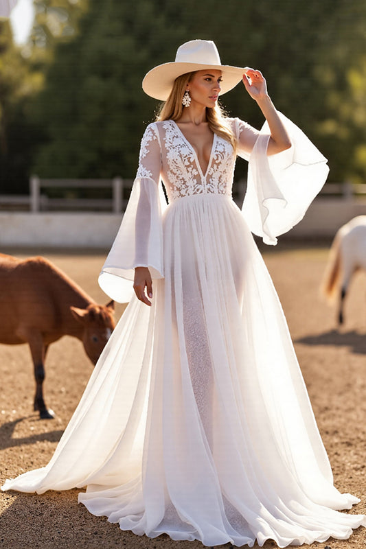 White Flare Sleeves Chiffon Boho Western Wedding Dress with Lace