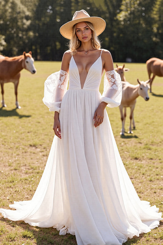 White Chiffon Ruched Boho Western Wedding Dress with Sleeves