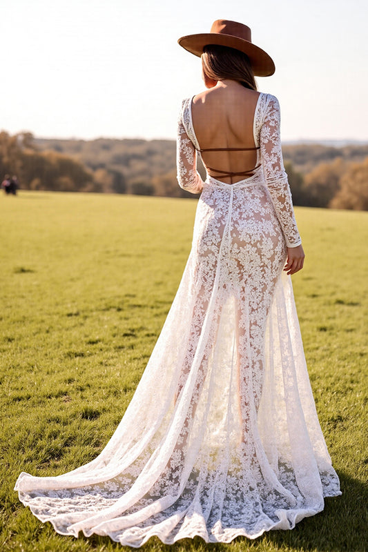White Lace Sheath Long Sleeves Boho Western Wedding Dress with Slit