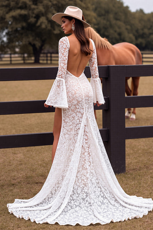 White Boho Lace Sheath Flare Sleeves Western Wedding Dress with Slit