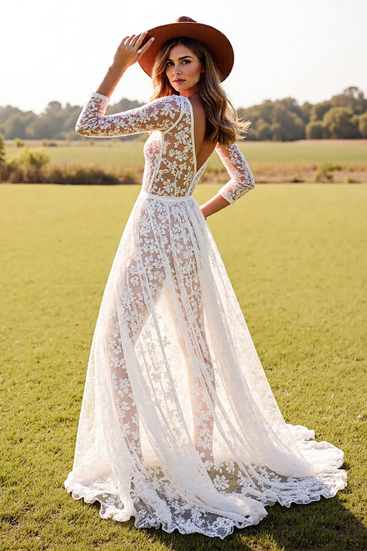 Boho White Lace Long Sleeves Western Wedding Dress with Slit
