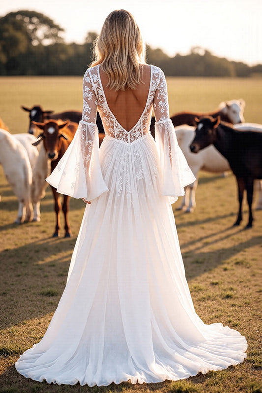 Boho White Flare Sleeves Corset Western Wedding Dress with Appliques