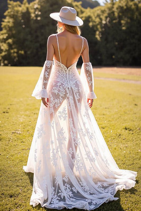 Boho Corset White Lace Sweep Train Western Wedding Dress with Sleeves