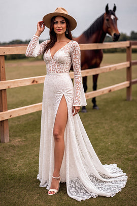 Boho Corset White V-Neck Sweep Train Western Wedding Dress with Slit